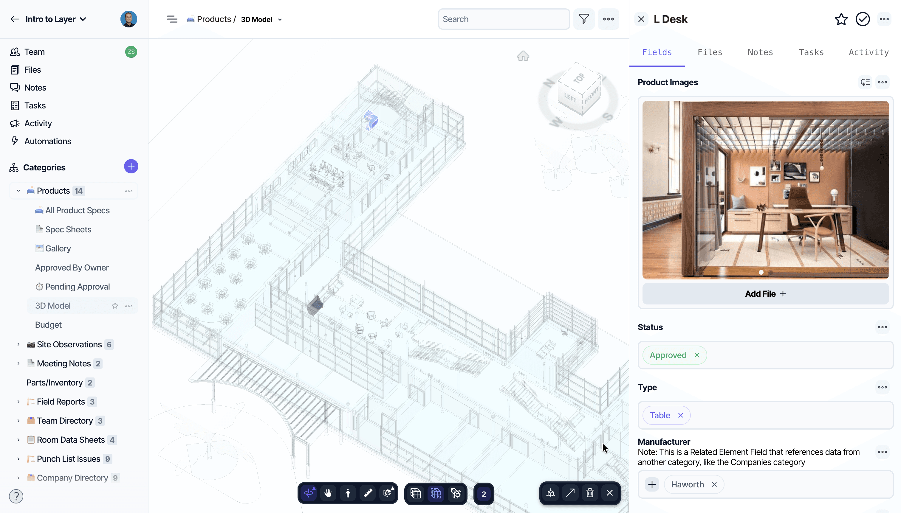 Layer on desktop: a 3D model of an office with a product record open beside it